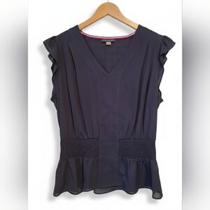 Tommy Hilfiger Navy V-Neck Blouse | Peplum Waist Top | Flutter Sleeve | Size M